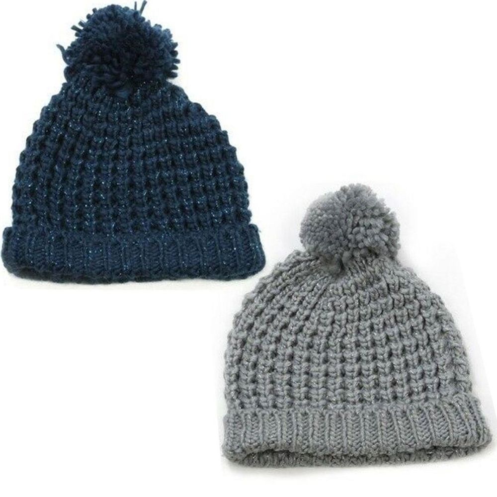 Ladies Winter Knitted Beanie with Bobble Pom Pom, Grey or Blue