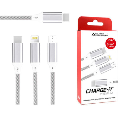 AA CHARGE-iT Premium 3in1 Cable USB-C To 8 Pin/USB-C/Micro USB