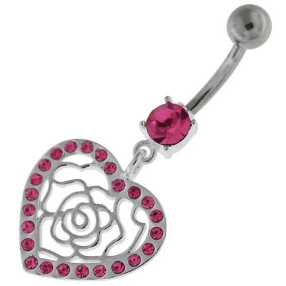 Dangling Rose Cut out Heart Belly Button Bar