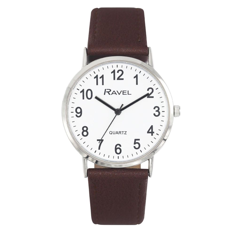 Ravel Mens Classic Big White Dial Brown Leather Strap Watch R0129.21.1