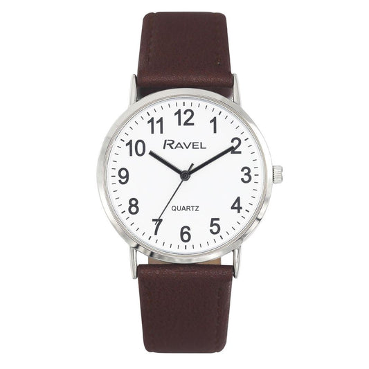 Ravel Mens Classic Big White Dial Brown Leather Strap Watch R0129.21.1