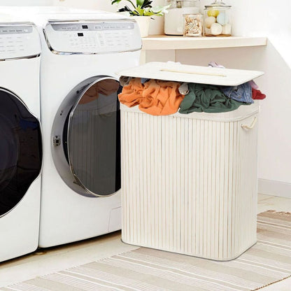 Rectangular Bamboo Laundry Basket-White with Divider