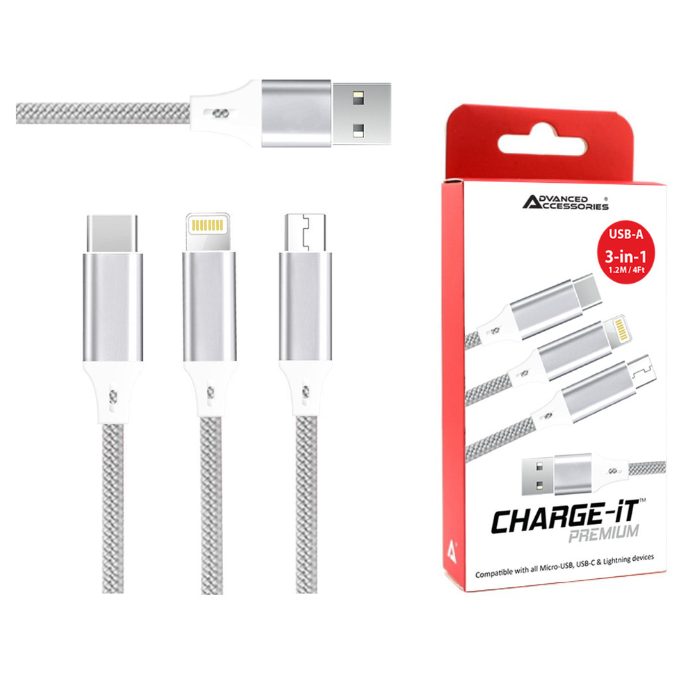 AA CHARGE-iT Premium 3in1 USB Cable - 8 Pin/USB-C/MicroUSB