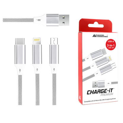 AA CHARGE-iT Premium 3in1 USB Cable - 8 Pin/USB-C/MicroUSB