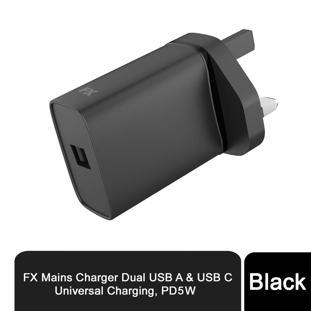 FX Mains Charger USB 1A Compatible with USB Devices, Black