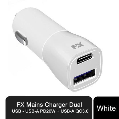 FX Mains Charger Dual USB, USB-A PD20W + USB-A QC3.0 Fast Charger - White