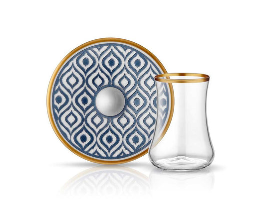 Dervish HD Ikat Tea Glass and Saucer - Anthracite Mat Gold