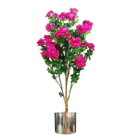 100cm Premium Artificial Azalea Pink Flowers Potted Plant with Silver Metal Planter