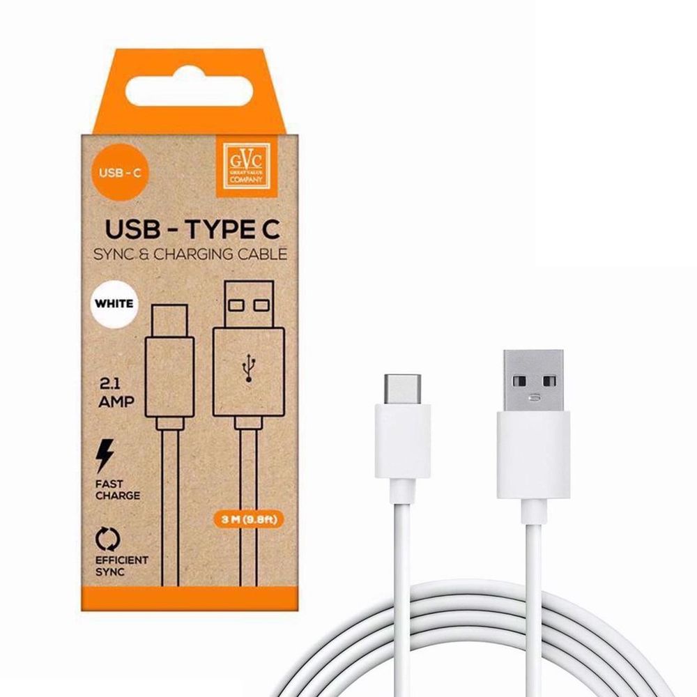 GVC USB to Type C Cable, For Phone, Pad & PC Charging & Syncing, 3M - White