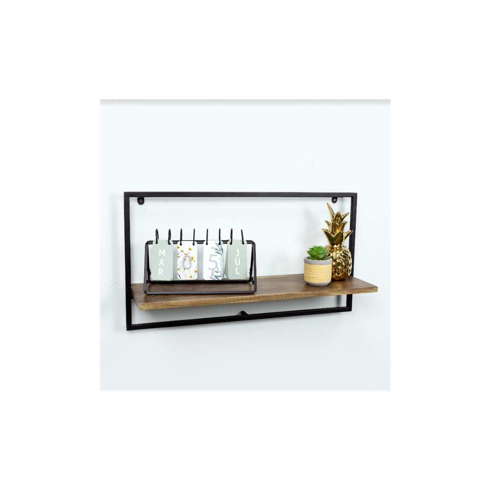 Wide Dark OAK Floating Wall Shelf with Black Frame - PARGI