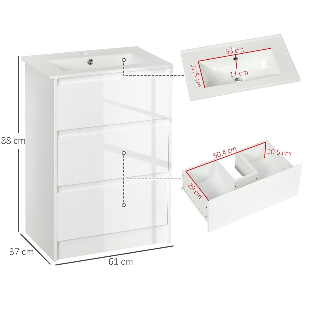 600mm Bathroom Vanity Unit w/ 1 Tap Hole Basin Drawers Gloss White