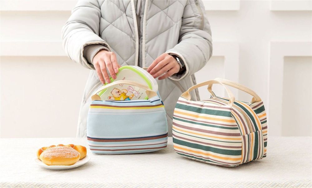 Insulated Striped Canvas Thermal Lunch Bag - in Various Colours