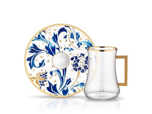 Dervish with Handle Blue Blanc Karina Tea Glass and Saucer