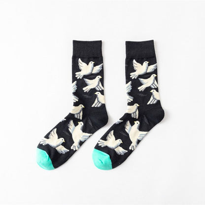 1 Pair Hot Sales Women Socks Harajuku Creative Flower And Bird Sketch Print Cotton Socks Breathable Casual Female Funny Socks