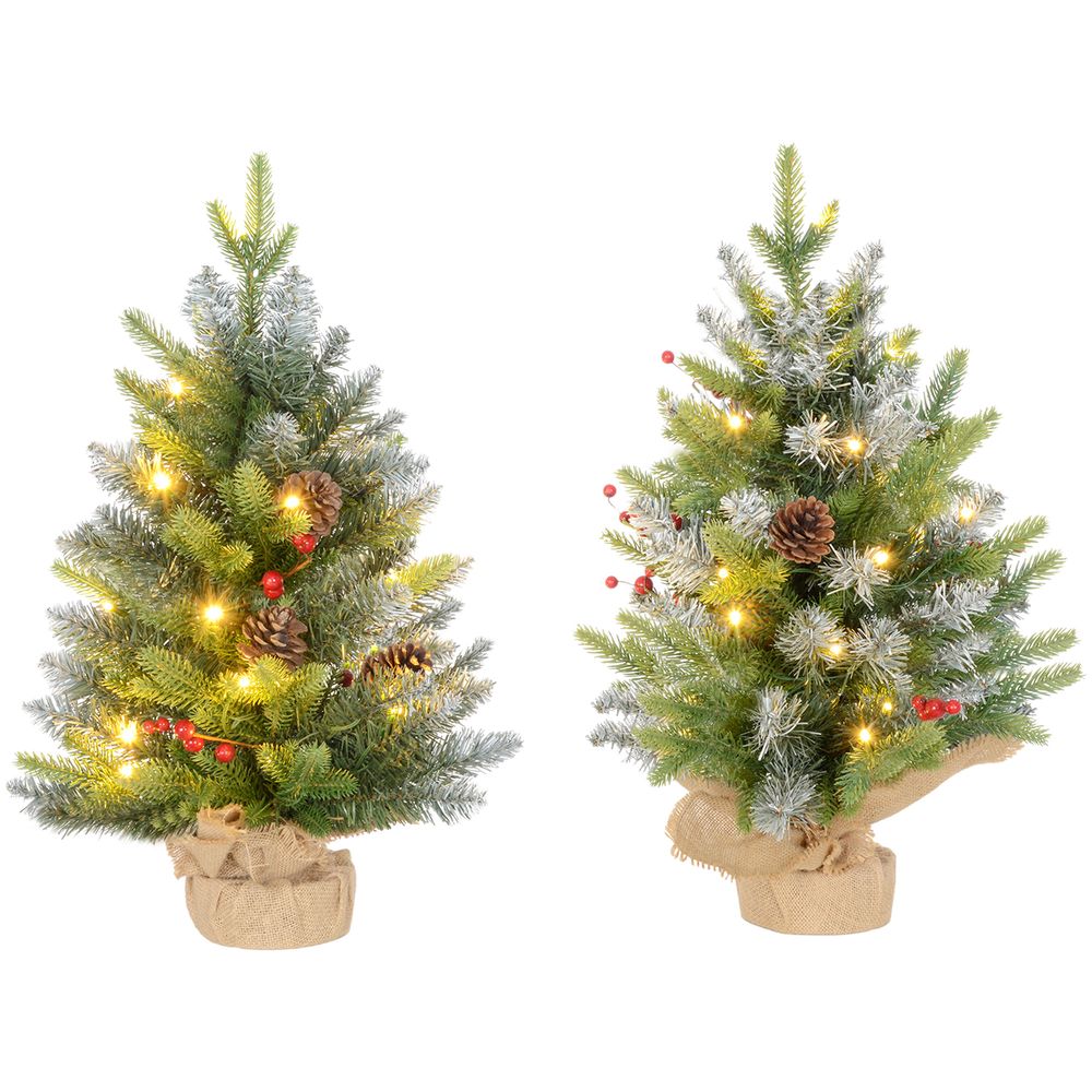 HOMCOM 2 Pieces 2' Prelit Artificial Tabletop Christmas Trees, LED Display