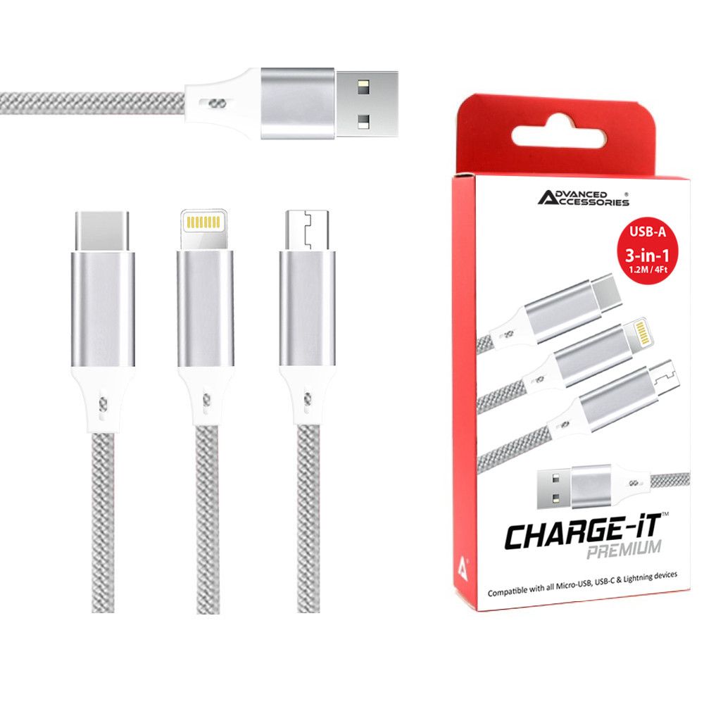 AA CHARGE-iT Premium 3in1 USB Cable - 8 Pin/USB-C/MicroUSB