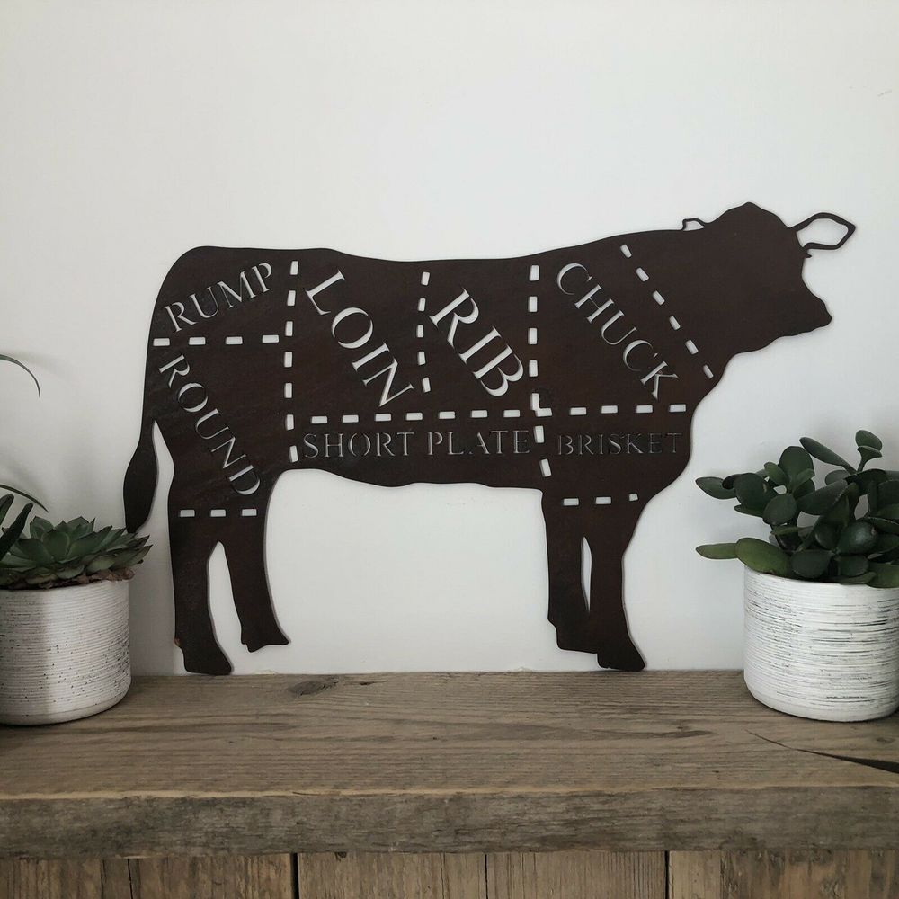 COW Sign Rusty Metal Home BBQ Kitchen rustic shabby chic butchers cuts