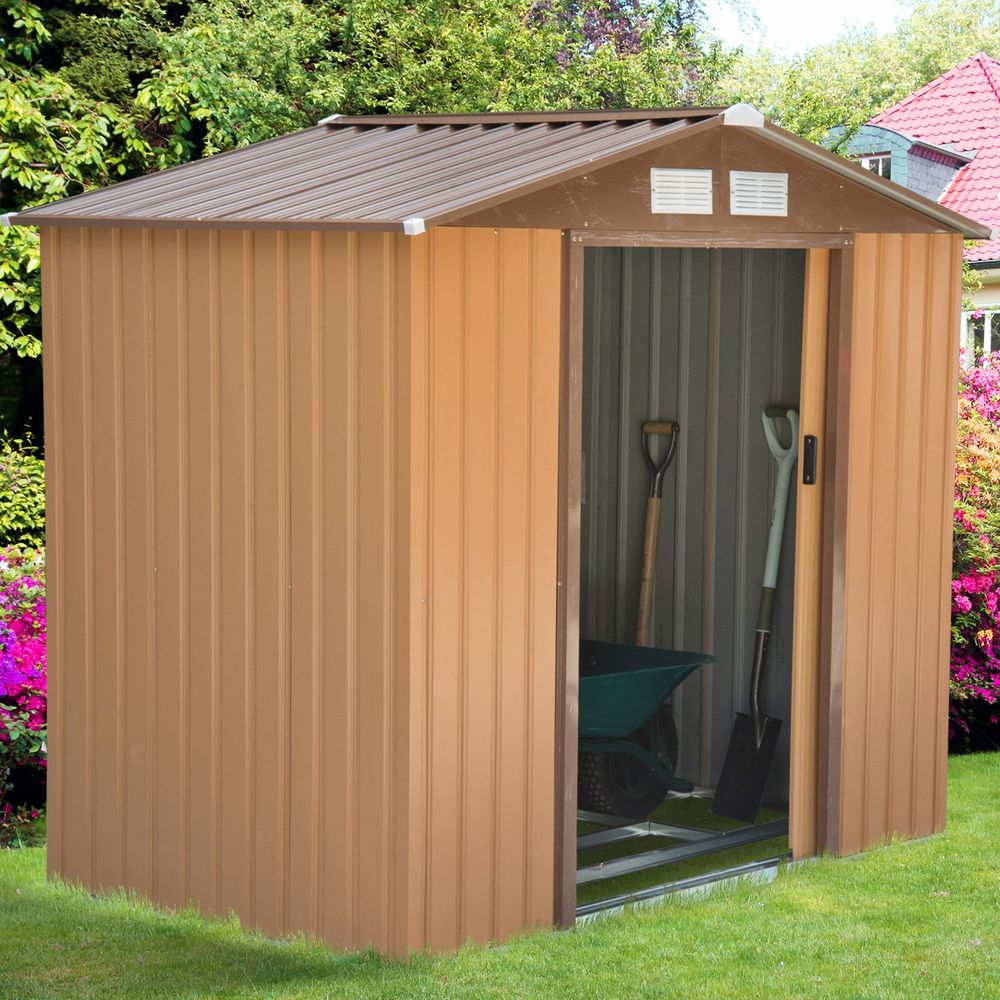 Lockable Garden Shed Large Patio Roofed Tool Metal Storage  Sheds Box Khaki