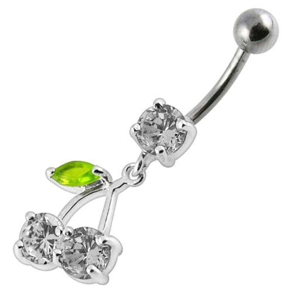 Cherry Jeweled Fancy Silver Dangling Belly Ring With SS Bar