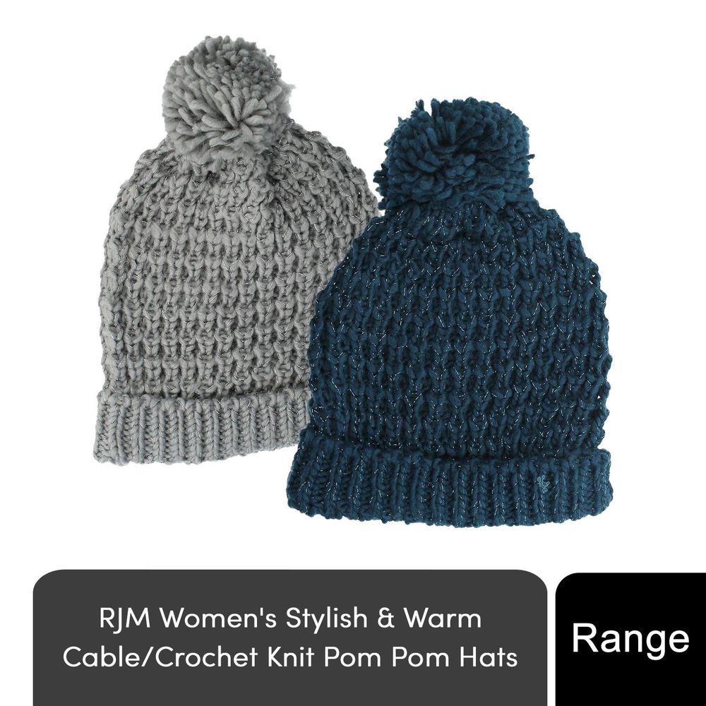 Ladies Winter Knitted Beanie with Bobble Pom Pom, Grey or Blue