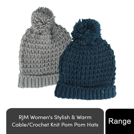 Ladies Winter Knitted Beanie with Bobble Pom Pom, Grey or Blue