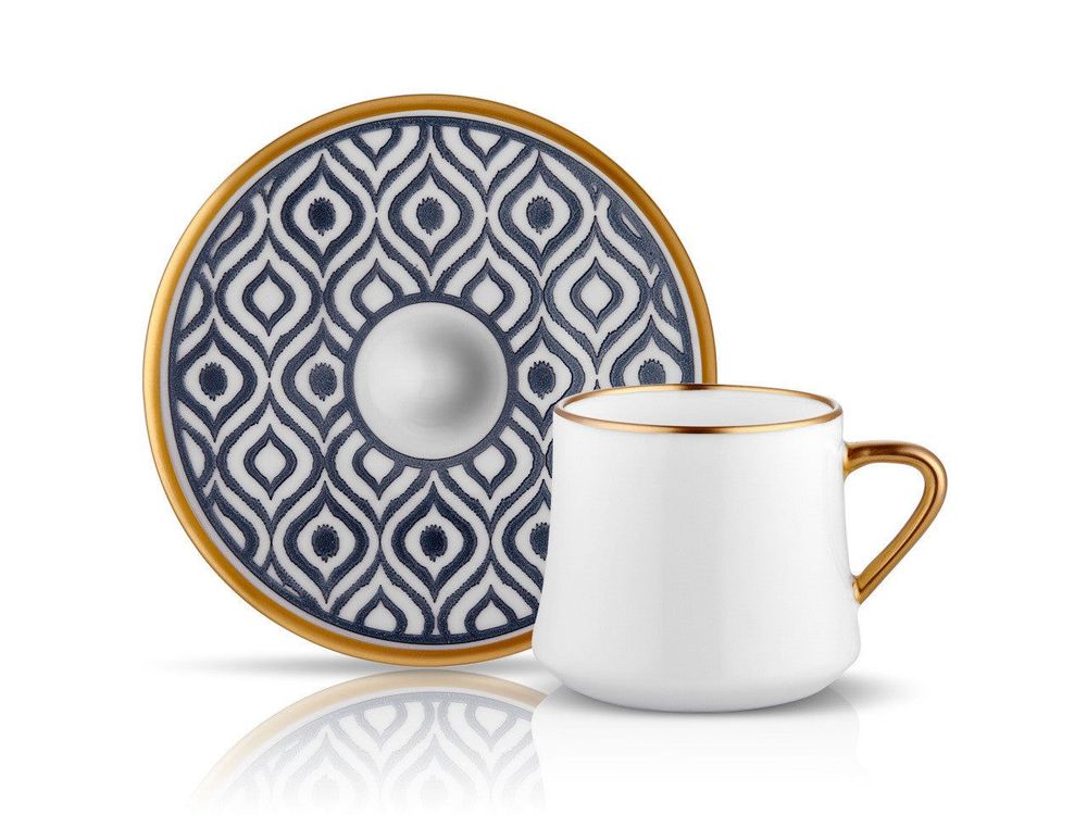 Sufi HD Tea Cup and Saucer Ikat  - Anthracite Mat Gold  - 230 cc