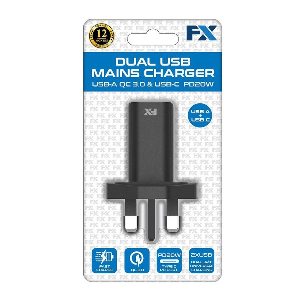 FX Mains Charger USB 1A Compatible with USB Devices, Black