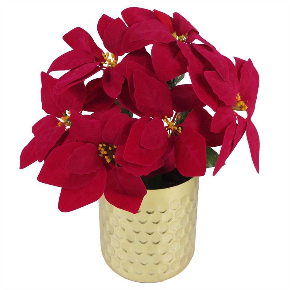 Artificial Christmas Xmas Red Poinsettia 40cm Gold Honeycomb Metal Planter