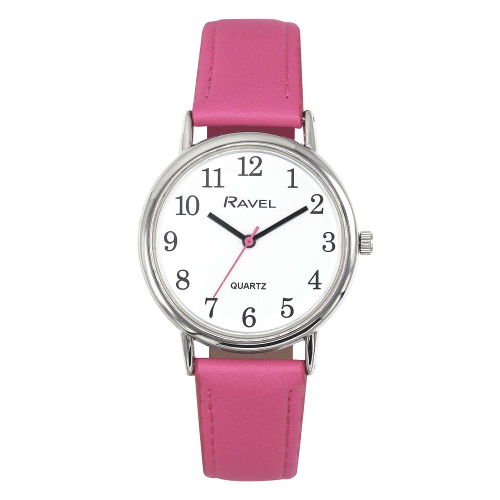 Ravel Ladies Classic Big White Dial Pink Leather Strap Watch R0140.15.1