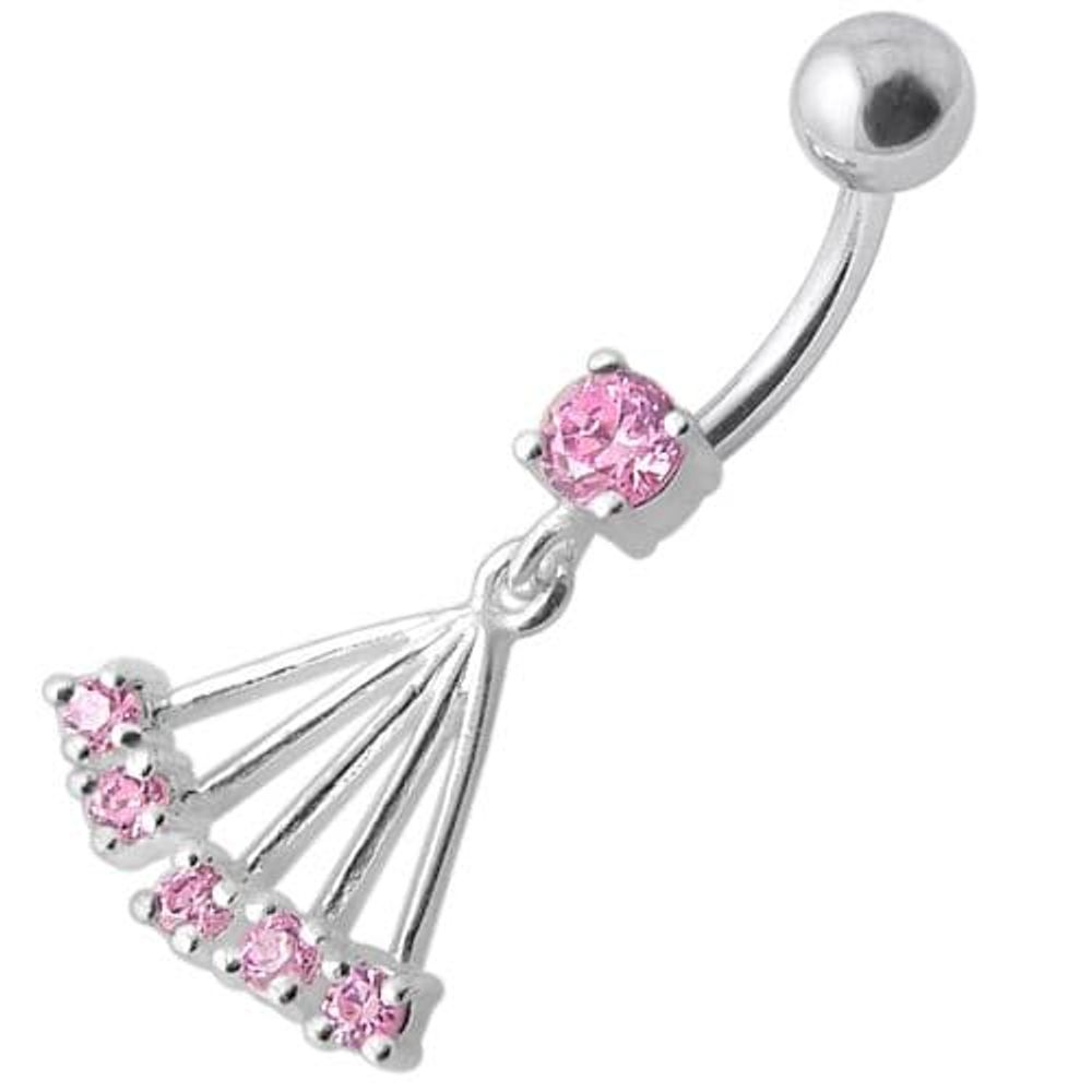 Navel Ring with Big Long Dangling Jeweled Chains With SS Curved Bar