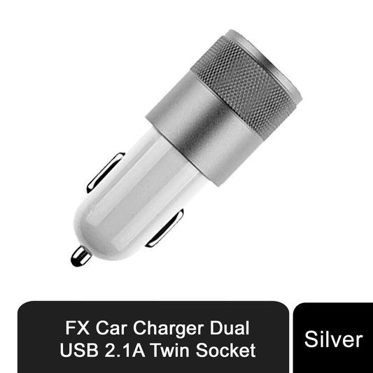 FX Powabud Car Charger 2.1A Twin USB Socket Universal Charger, Silver