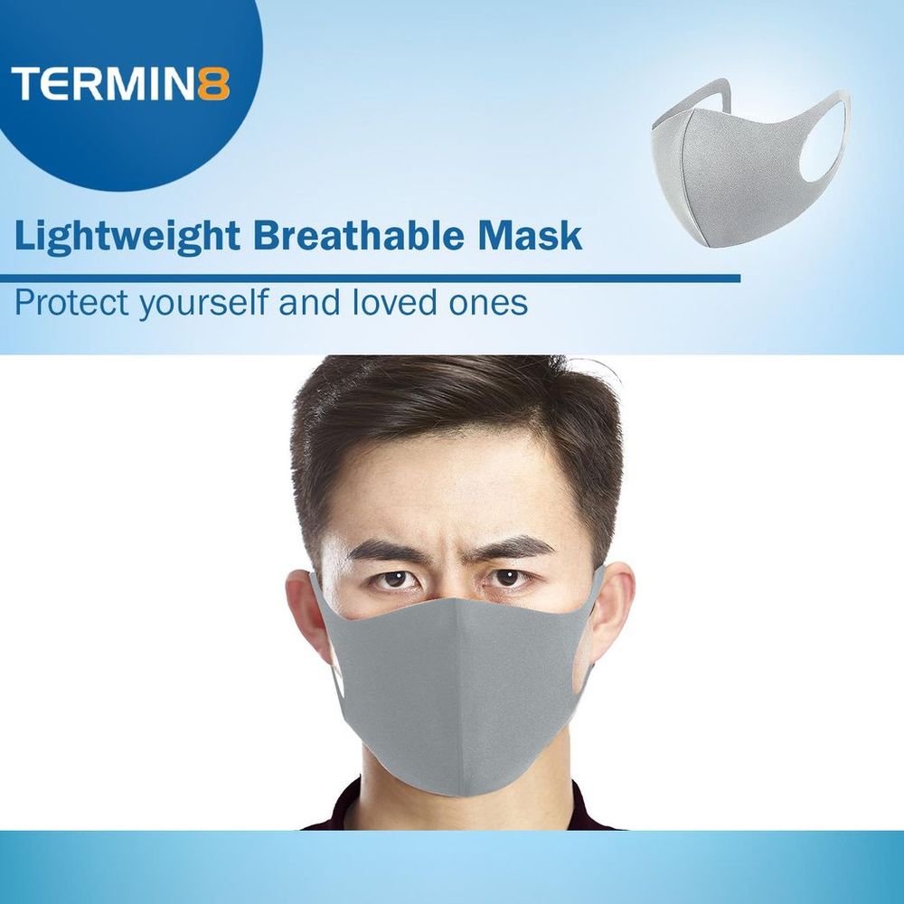 Termin8 Lightweight Breathable Reusable Face Mask for Adults Grey