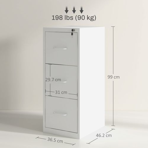 HOMCOM 3 Drawer Filing Cabinet Steel File Cabinet for A4 Letter Size White