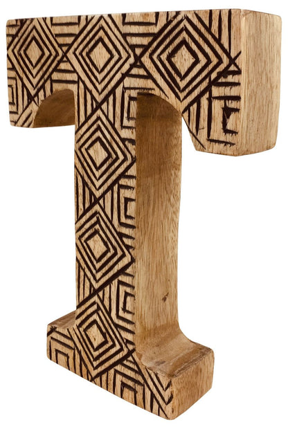 Hand Carved Wooden Geometric Letter T