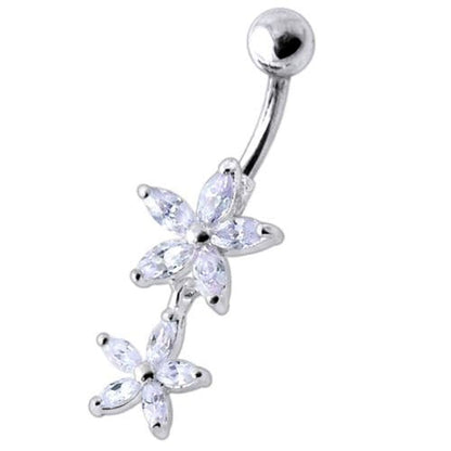 Double Flower Jeweled Dangling Belly Ring