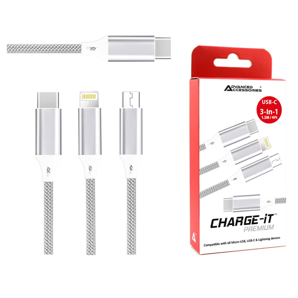 AA CHARGE-iT Premium 3in1 Cable USB-C To 8 Pin/USB-C/Micro USB