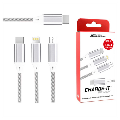 AA CHARGE-iT Premium 3in1 Cable USB-C To 8 Pin/USB-C/Micro USB