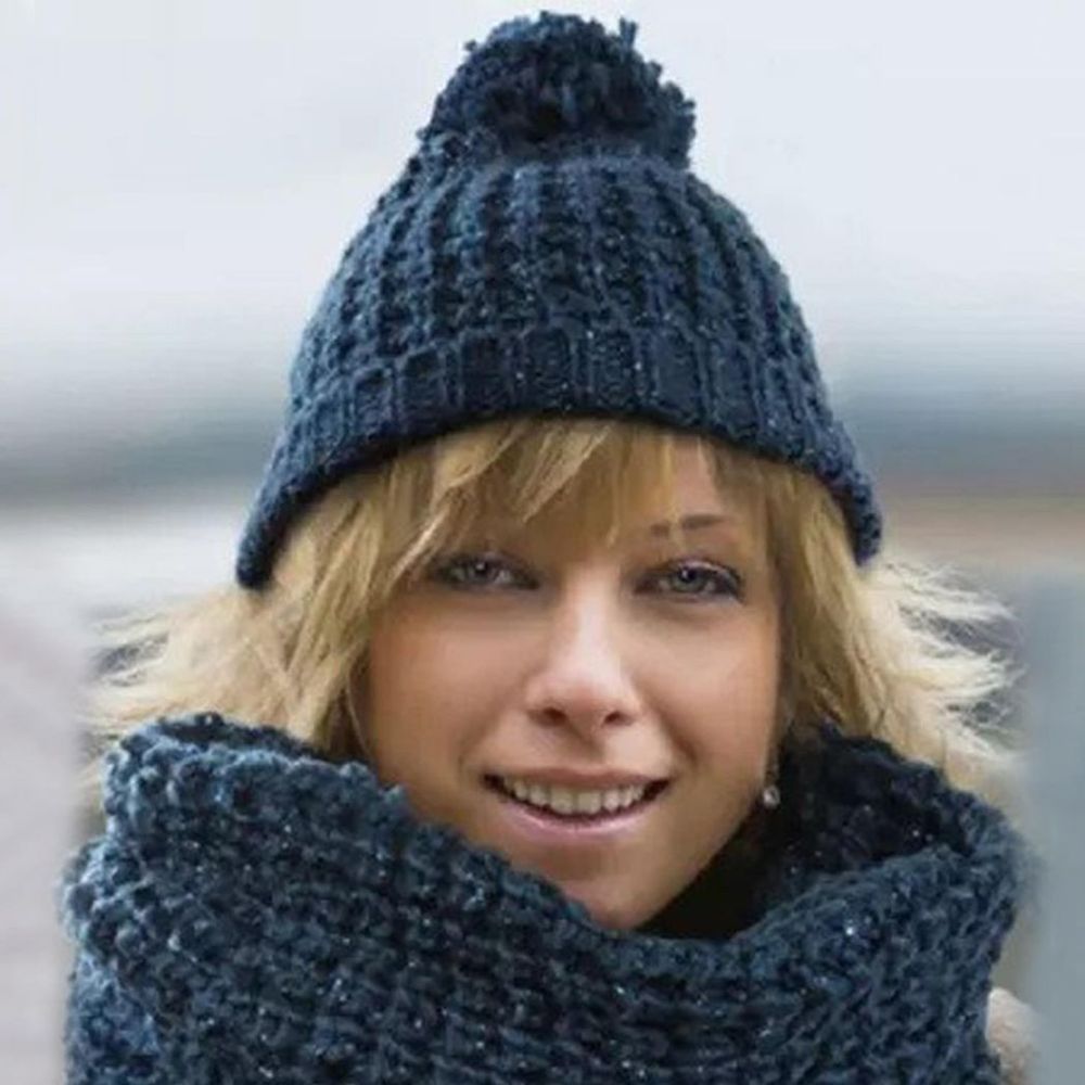 Ladies Winter Knitted Beanie with Bobble Pom Pom, Grey or Blue