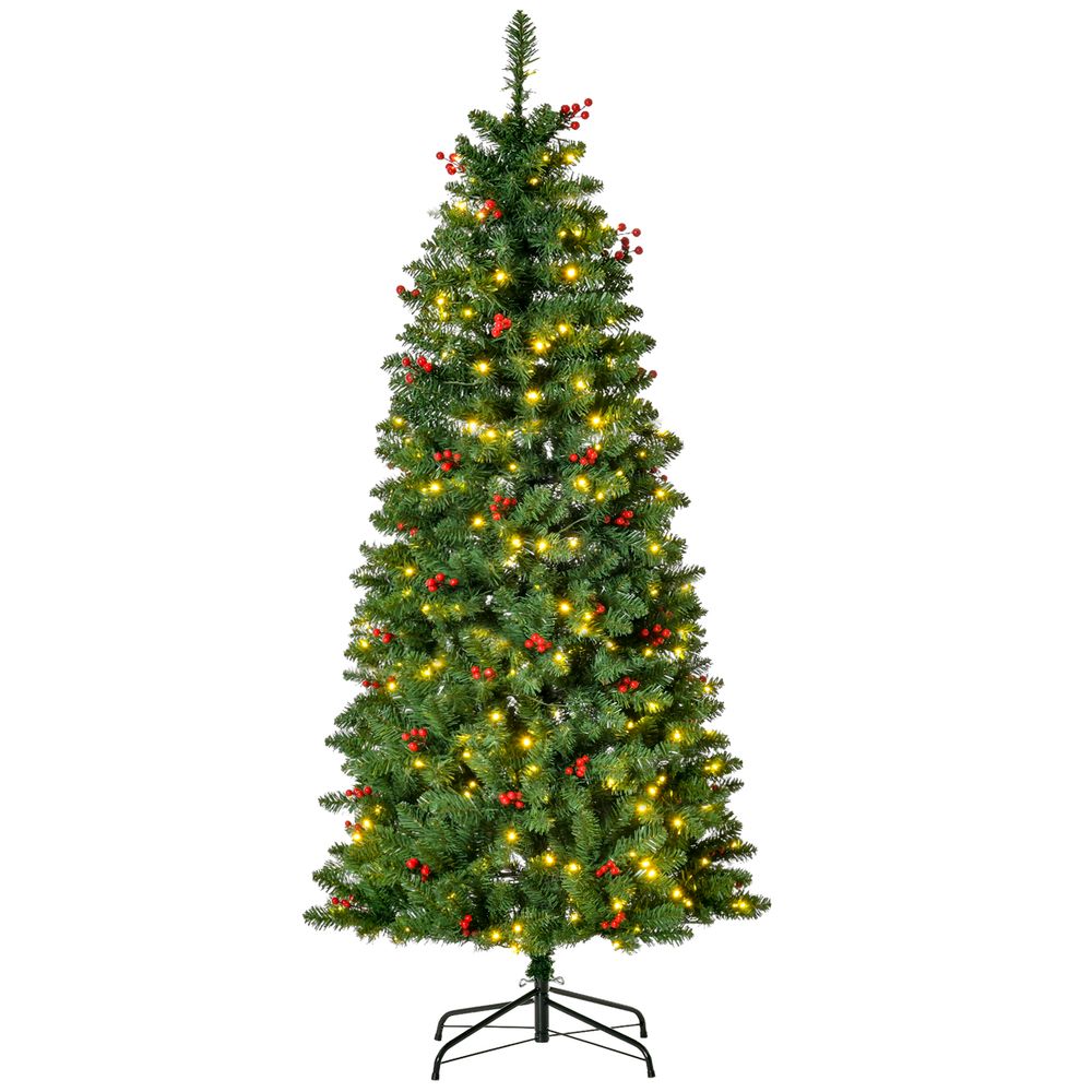 5FT Prelit Artificial Pencil Christmas Tree Warm White LED Red Berry Green