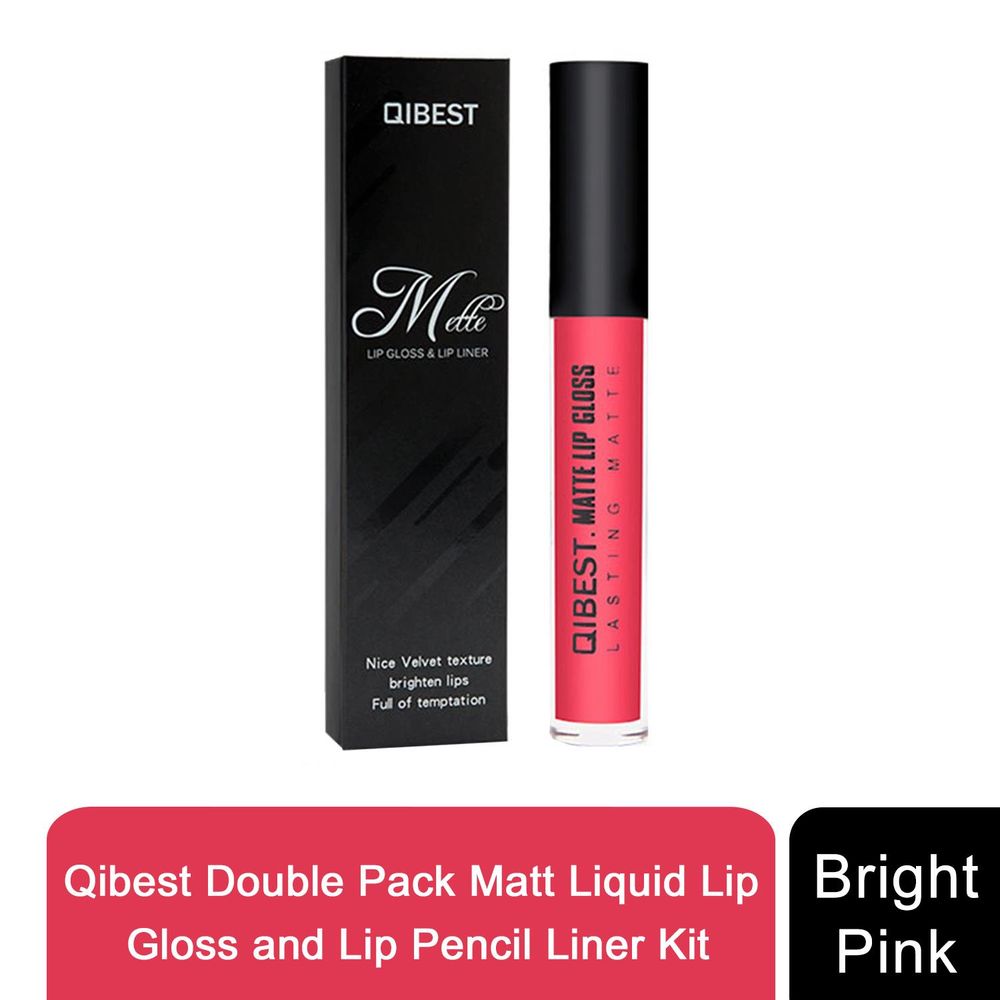 Qibest Double Pack Matt Liquid Lip Gloss and Lip Pencil Liner Kit, Bright Pink