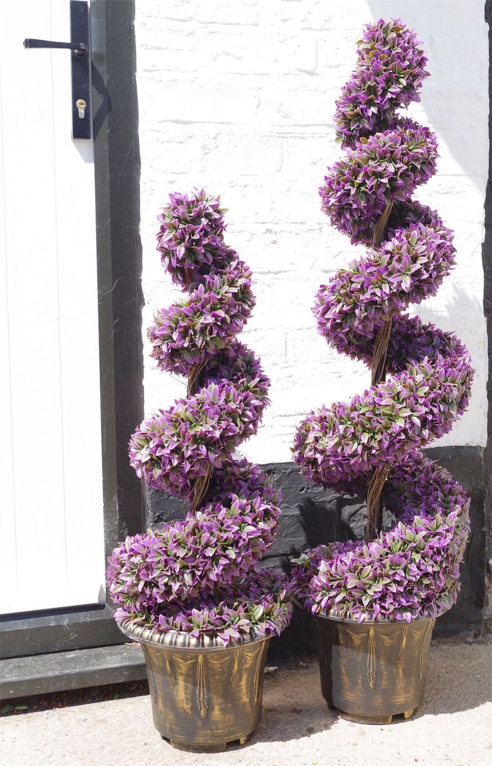 120cm Pair of Purple Large Leaf Spiral Topiary Trees with Decorative Planters