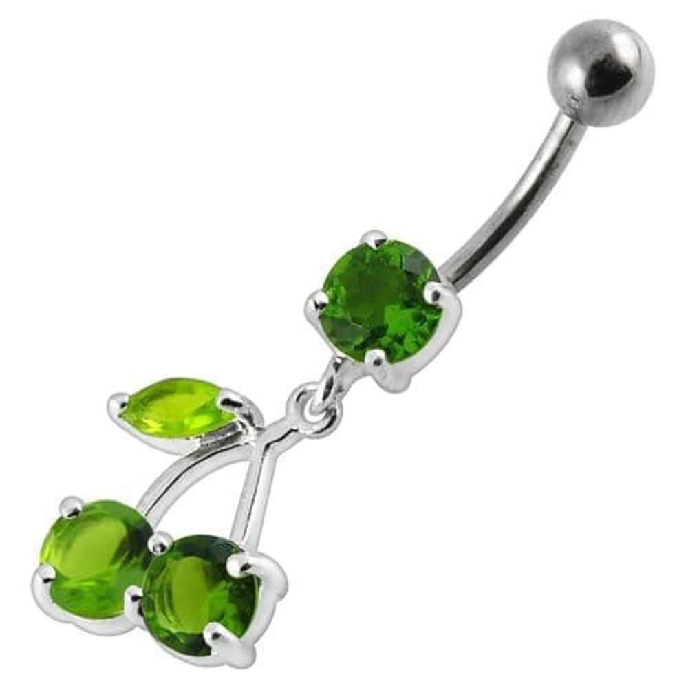 Cherry Jeweled Fancy Silver Dangling Belly Ring With SS Bar