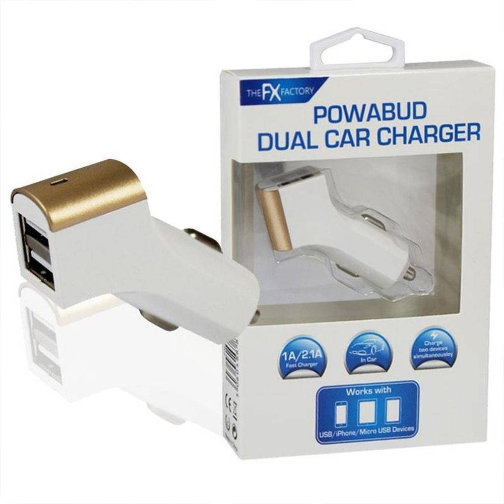 FX Factory Powabud Twin Socket USB 2.1A Car Charger, Gold