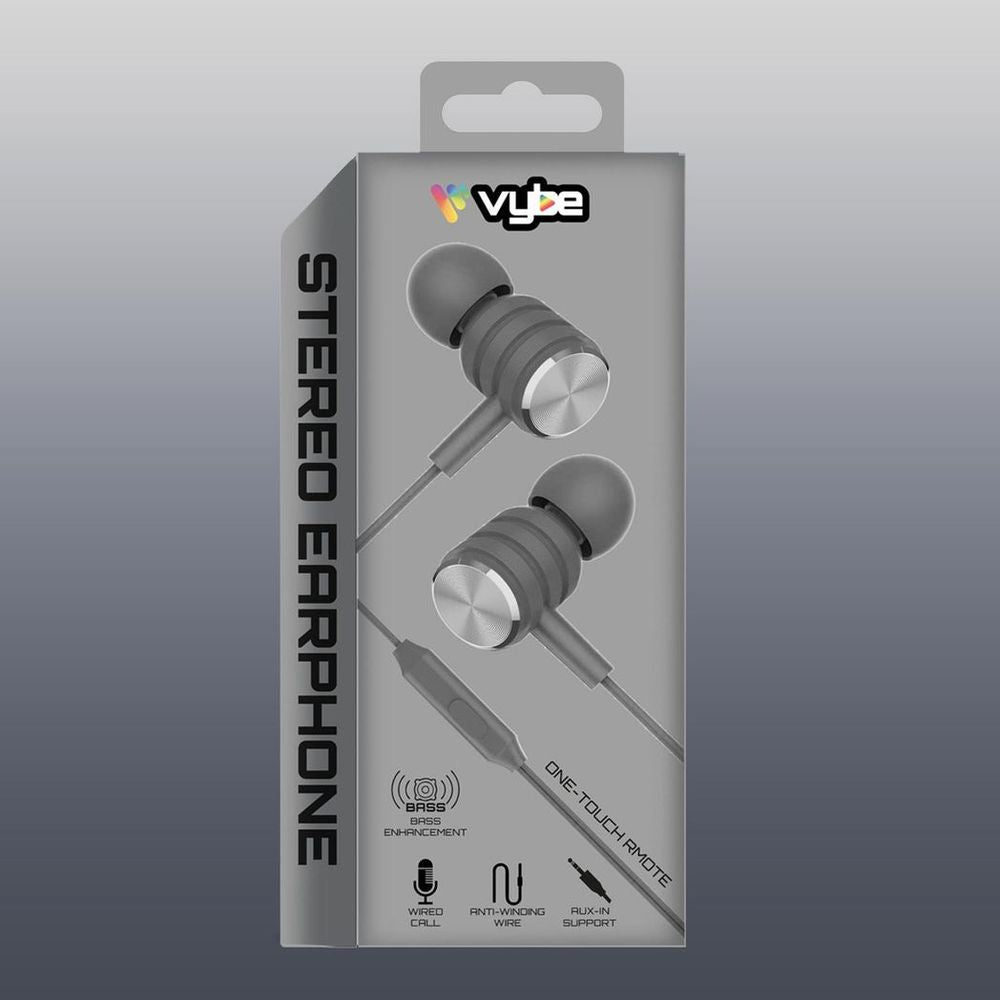 Vybe Bass Enhancement One-Touch Remote 3.5mm AUX-in Stereo Earphones, Space Grey