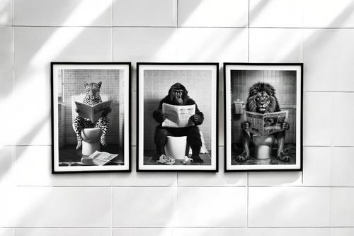 Set of 3 Animal's on the Toilet Framed Canvas 45x60cm