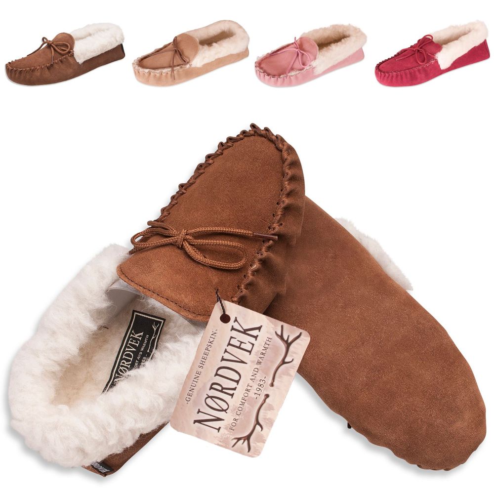 Nordvek Womens Sheepskin Suede Moccasin Slippers With Suede Sole - 418-100