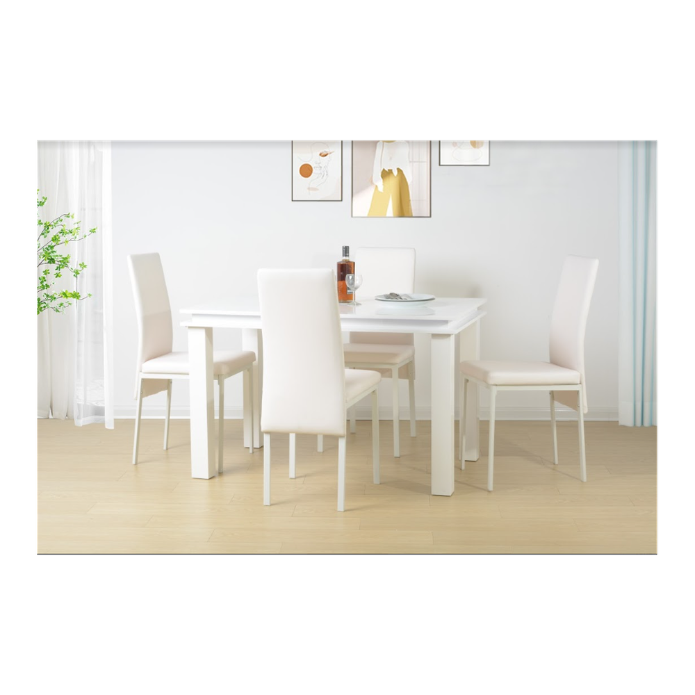 5 Piece Dining Table Set High Gloss WHITE with Blue LED Light - EFFULGENCE