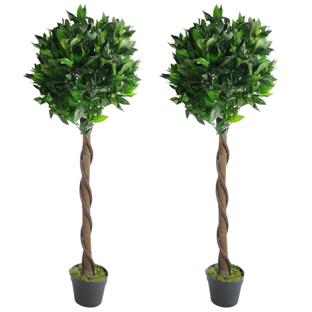 Pair of 120cm (4ft) Twisted Stem Artificial Topiary Bay Laurel Ball Trees