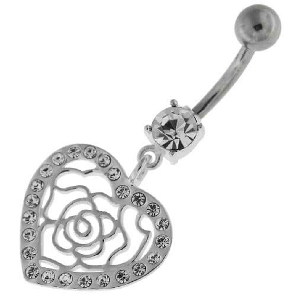 Dangling Rose Cut out Heart Belly Button Bar