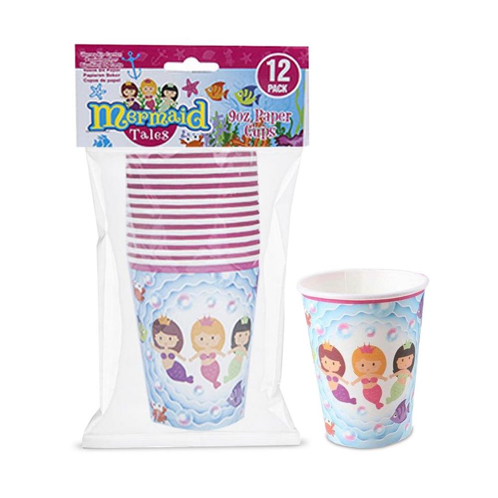 Mermaid Design Disposable 12 Paper Cups For Picnics, Parties & Barbecues